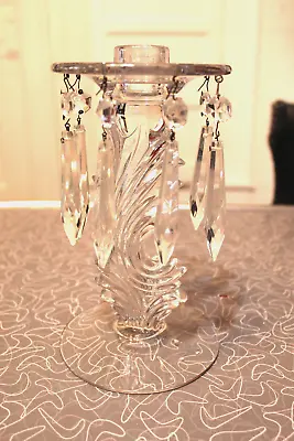 VTG 30s Crystal Fostoria Baroque Clear Flame Feather 8” Candlestick/Prisms • $20