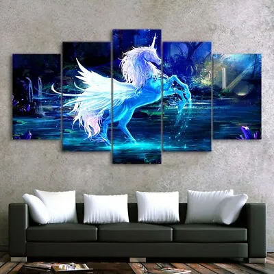 3D White & Blue Fantasy Unicorn Horse Framed 5 Piece Canvas Wall Art • $119