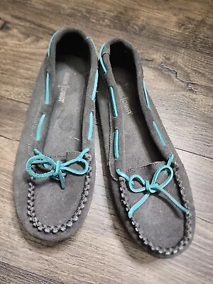 Minnetonka Gray Turquoise LeatherSuede Moccasins Mocs Size 9 Women's BK • $19.99