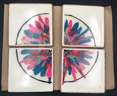 Colorful Feathers Within Circle Mural Vintage Set Of 4 Decorative Tiles 4.25  • $39.99