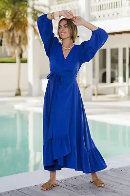 NEW Boho Bird Womens Maxi Dresses La Dolce Vita Linen Wrap Maxi Size 12 Sapphire • $179