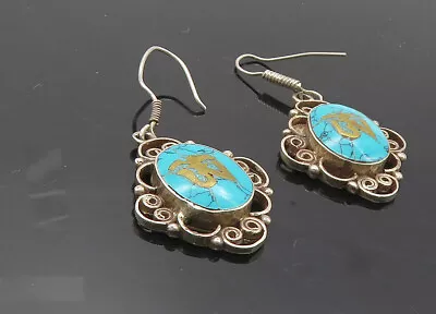 925 Sterling Silver - Vintage Turquoise Om Spiritual Symbol Earrings - EG5115 • $42.96