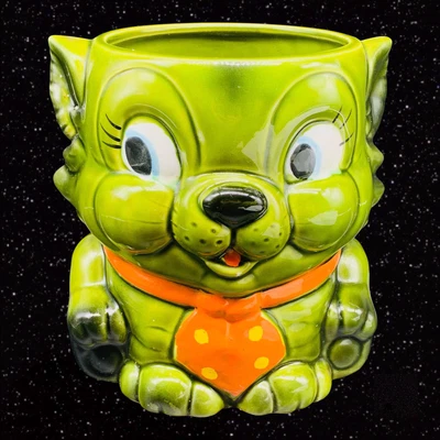 $50 • Buy Vintage Green Japan Kitsch Cat Polka Dot Tie Dye Planter Vase 7”
