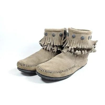 Minnetonka Women's Size 8 Double Fringe Moccasin Boots Tan Suede • $29.69