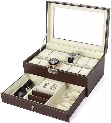 12 Slot PU Leather Lockable Watch Storage Boxes Men Jewelry Display Drawer Case • $25.99