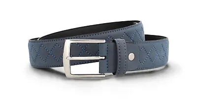 Mens Belt Criss-cross Stitching On Vegan Nubuck Blue Buckle Adjustable Fashion • $50.55