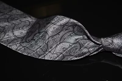 Atkinsons Irish Poplin Silk Wool Black Smoke Grey Paisley Jacquard Stripe Tie NR • $9.99