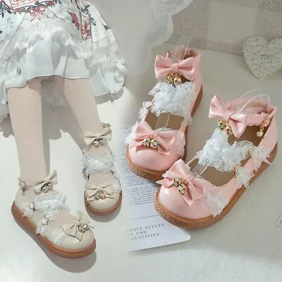 Womens Lolita Round Toe Bowknot Lace Kawaii Cosplay Buckle Shoes Sweet Low Heel • £30.61