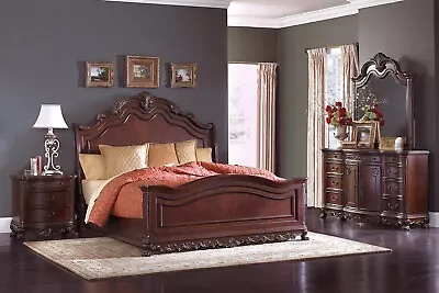 NEW Sleigh 4PC King Bedroom W/ Burl Inlay Cherry Brown Traditional B/D/M/N • $2999.99