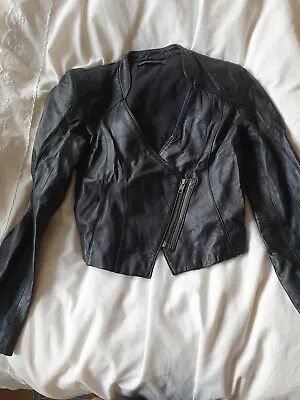 Miss Selfridge Fitted Cropped Shoulder Pad Leather Jacket 8 • £25