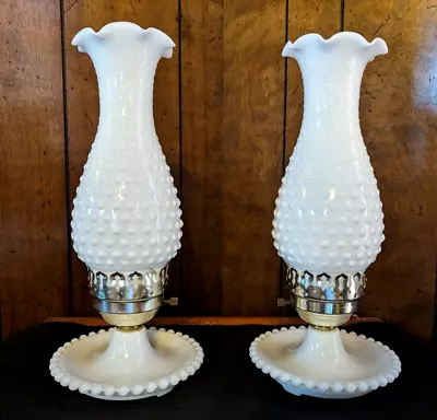 Vtg MCM Set Of 2 White Milk Glass Hobnail Hurricane Shaded Boudoir Lamps 13  • $38