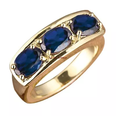 Heated Blue Sapphire Gemstone Gold Plated 925 Sterling Silver Men's Ring AJ313 • $93.44