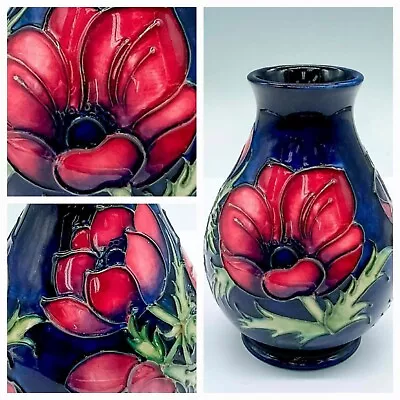 Moorcroft Anemone Vase: Artist Signed. Cobalt  Maroon Purple W/1992 Cipher • $108