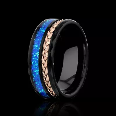 Men's Tungsten Ring Crushed Australian Blue Opal Inlay Rose Gold Rope Accent • $199