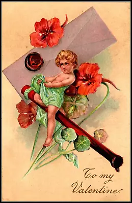 Cherub On Wax Envelope Sealer Flowers PFB Valentine Emb Postcard • $2.99