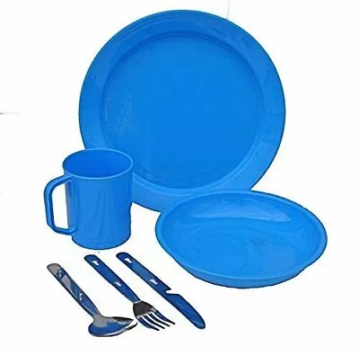Highlander Plastic Unbreakable Poly Mug Plate Bowl And KFS Cutlery Set Blue • £14.95