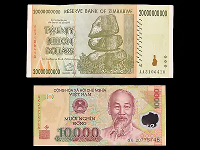 Vietnam 10000 Dong Banknote & Zimbabwe 20 Billion Dollar Bill Currency Money • $4.49