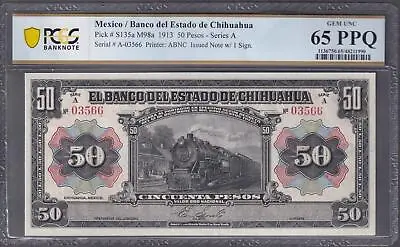 Mexico 50 Pesos 1913 Train El Banco Chihuahua Pcgs Gem 65 World Banknote 🌈⭐🌈 • $599.99