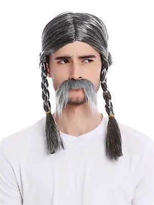 Wig & Beard Men's Grey Braided Pigtails Gallier Germane Barbarian Viking • £7.74