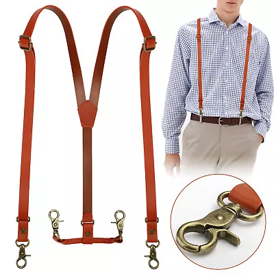 Adjustable Soft Genuine Leather Suspenders X Back Belt 4 Brass Hooks Adjustable • $22.98