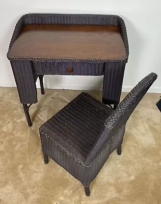 $1100 • Buy Lloyd Loom Vintage Black Wicker Desk And Chair Heywood Wakefield With Label