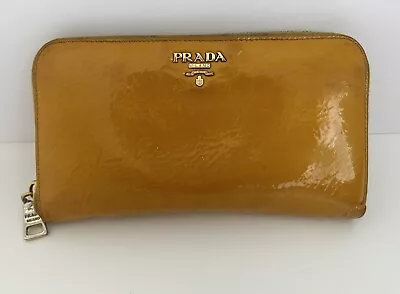 PRADA Soft Yellow Saffiano Leather Zip Around Long Wallet Glossy Vintage • $129.99