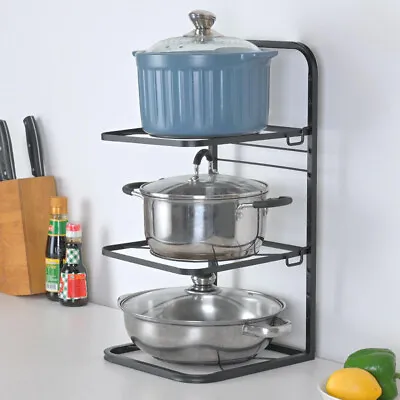4 Tier Metal Pan Stand Saucepan Pot Rack Kitchen Storage Organiser Shelf Holder • £11.94