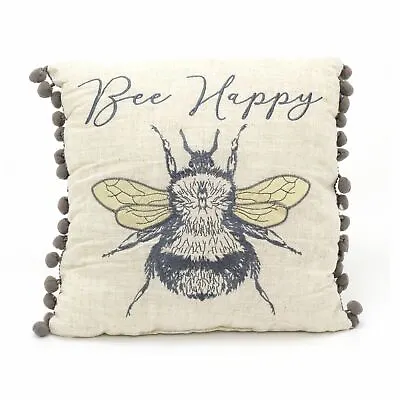 Bee Happy Pompom Scatter Cushion | Honey Bee Fabric Filled Sofa Cushion  31cm • £20.99