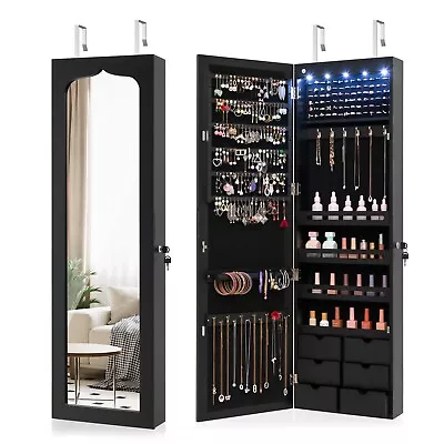 5 LED Lights Jewelry Cabinet Lockable Wall/Door Mounted Jewelry Armoire W/Mirror • £74.95