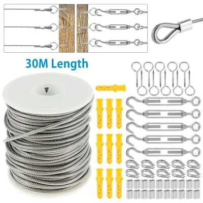 £18.99 • Buy 30M Wire Rope Cable Railing Fence Stainless Steel Hanging Roll Hooks Kit UK Qww