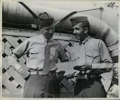 1944 Press Photo Marine Officers Read Surrender Terms Of 850 Germans In France • $23.88