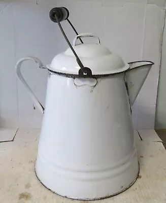 Vintage Large Enamelware Graniteware White & Black Trim Handle Cowboy Coffee Pot • $38.21