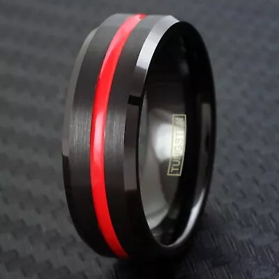 Tungsten Carbide Black Ring Thin Red Line Firefighter First Responder Band • $14.99