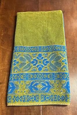 Vintage Retro MCM Avocado Green Blue Bath Towel Textured Made In USA • $19.99