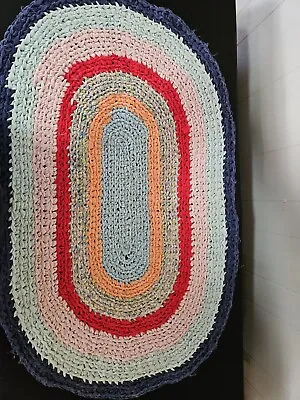 Handmade Vintage Braided Oval Rag Rug - Primitive - Cotton Prints - 38x24 • $19.95