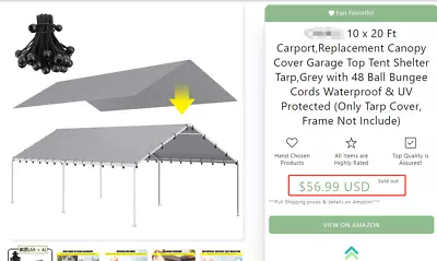 10 X 20 Ft CarportReplacement Canopy Cover Garage Top Tent Shelter TarpGrey Wi • $34.99