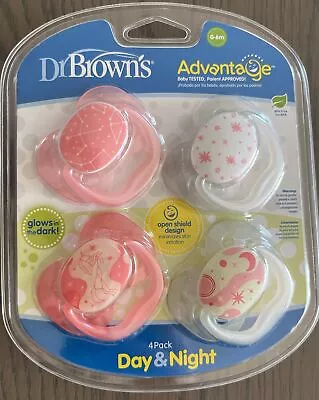Dr Brown's Advantage Day & Night 4 Pack Pink Pacifiers 0-6m Glows In The Dark • $8