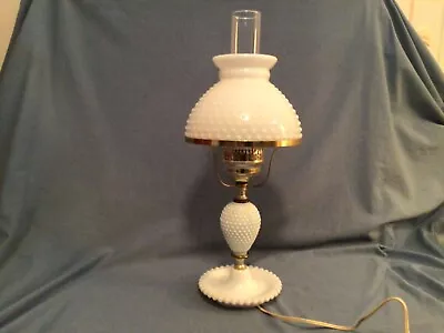 Vintage Milk Glass Hurricane Style Electric Lamp Hob Nail W Chimney 20”H • $40.99