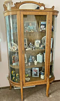 Antique Oak Curved Beveled Glass China Cabinet+Beveled Mirror+Key + Shipping. • $1099
