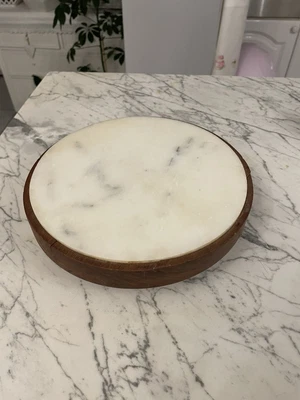 £15 • Buy Vintage 9.5”white Gray Marble Wooden Edge Lazy Susan Serving Plate Platter