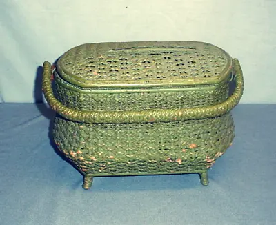 $24.95 • Buy Antique Victorian Woven Wicker Sewing Basket With Handle & Footed