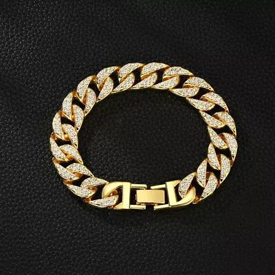 Men's 14MM 18K Gold Plated Heavy Iced CZ Out Miami Cuban Link Bracelet Chain • $9.39