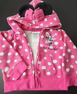 Vtg Disney Parks Baby Girl 2T Zip Hoodie Pink Ears Minnie Mouse Embroidered Dots • $9