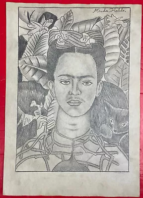 Frida Kahlo (Handmade) Drawing Mixed Media On Old Paper Signed & Stamped • $125