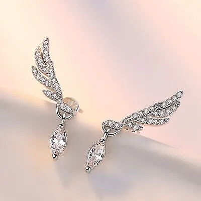£3.99 • Buy Angel Wing Crystal Drop Stud Earrings 925 Sterling Silver Womens Jewellery Gift