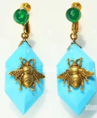 VTG RARE Estate Early 20th Century Turquoise Queen Bumble Bee Drop Earrings Clip • $74