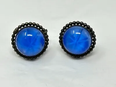 Vintage Sterling Silver Faux Blue Star Sapphire Lucite Cabochon Screw Earrings • $29.99