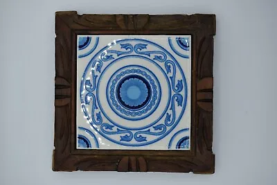Vintage Mexican Dal Tile Ceramic Trivet White Blue Tile Hand Carved Wood Boho • $15