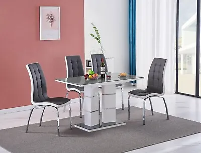 TIVOLI Grey Glass White High Gloss Dining Table Set And 4 Faux Leather Chairs • £299