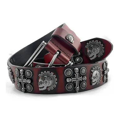 Goth Punk Skull Cross Waistband Vintage Red Genuine Leather Belt Biker Rock Mens • $42
